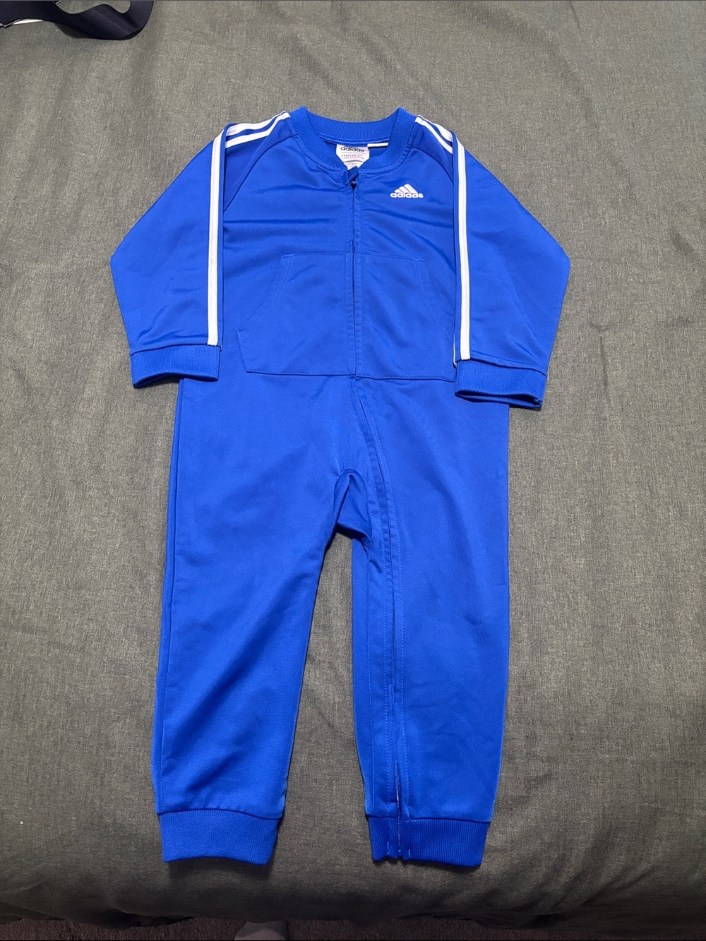 adidas Kids Blue Zip Front One-Piece Jumpsuit with White Stripes